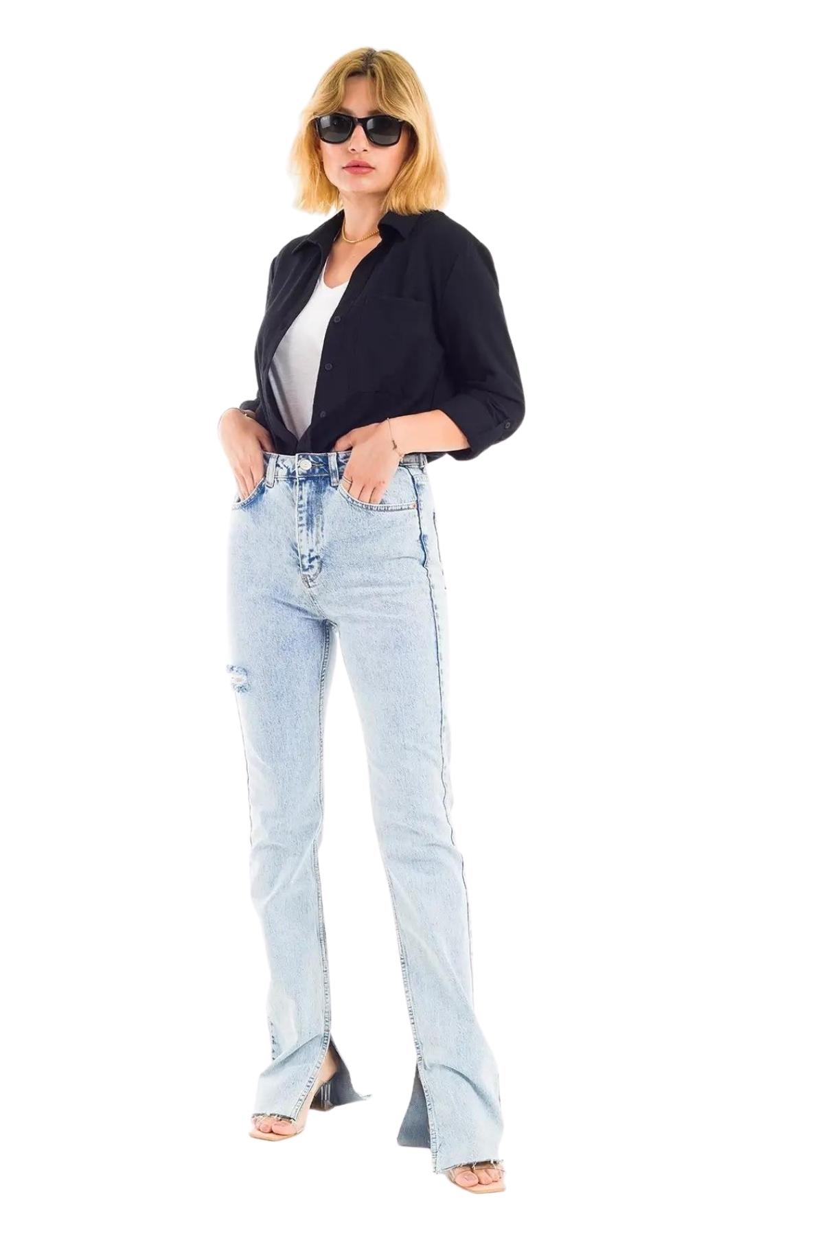 ZDN 9236 Yırtmaç Paçalı Düz Model Kadın Kot Pantolon
