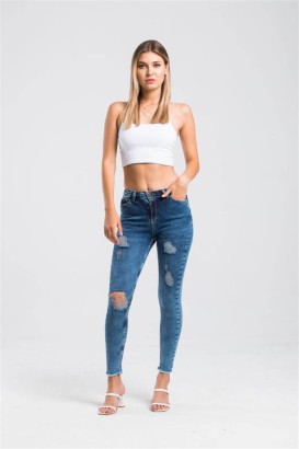 ZDN Lacivert Dar Kesim Yırtık Model Kadın Kot Pantolon - Thumbnail