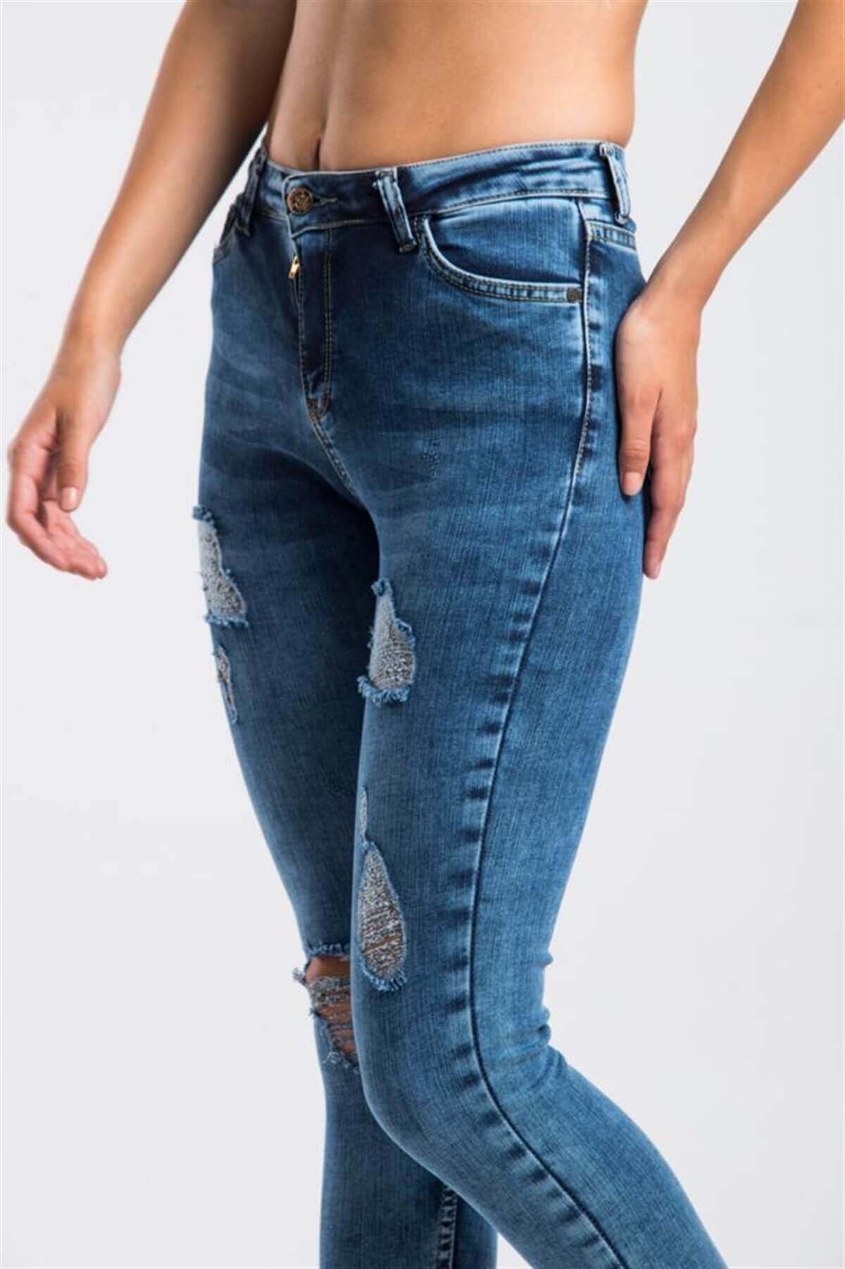 ZDN Lacivert Dar Kesim Yırtık Model Kadın Kot Pantolon