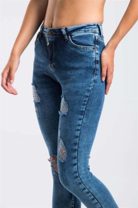 ZDN Lacivert Dar Kesim Yırtık Model Kadın Kot Pantolon - Thumbnail