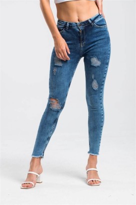 ZDN Lacivert Dar Kesim Yırtık Model Kadın Kot Pantolon - Thumbnail