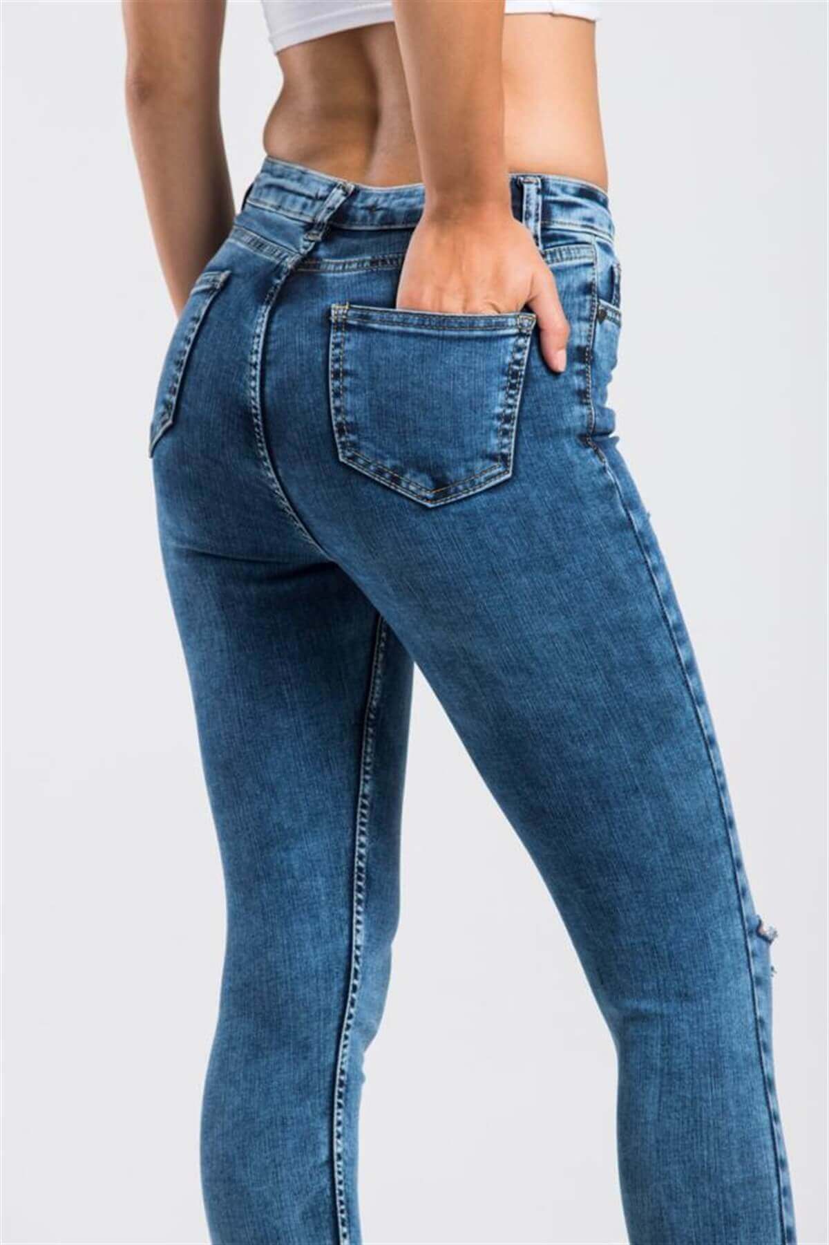 ZDN Lacivert Dar Kesim Yırtık Model Kadın Kot Pantolon