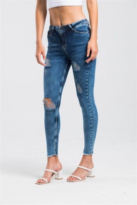 ZDN Lacivert Dar Kesim Yırtık Model Kadın Kot Pantolon - Thumbnail