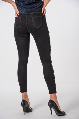 ZDN Siyah Dar Kesim Boncuklu Model Kadın Kot Pantolon - Thumbnail