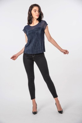 ZDN Siyah Dar Kesim Boncuklu Model Kadın Kot Pantolon - Thumbnail