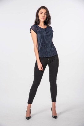ZDN Siyah Dar Kesim Boncuklu Model Kadın Kot Pantolon - Thumbnail